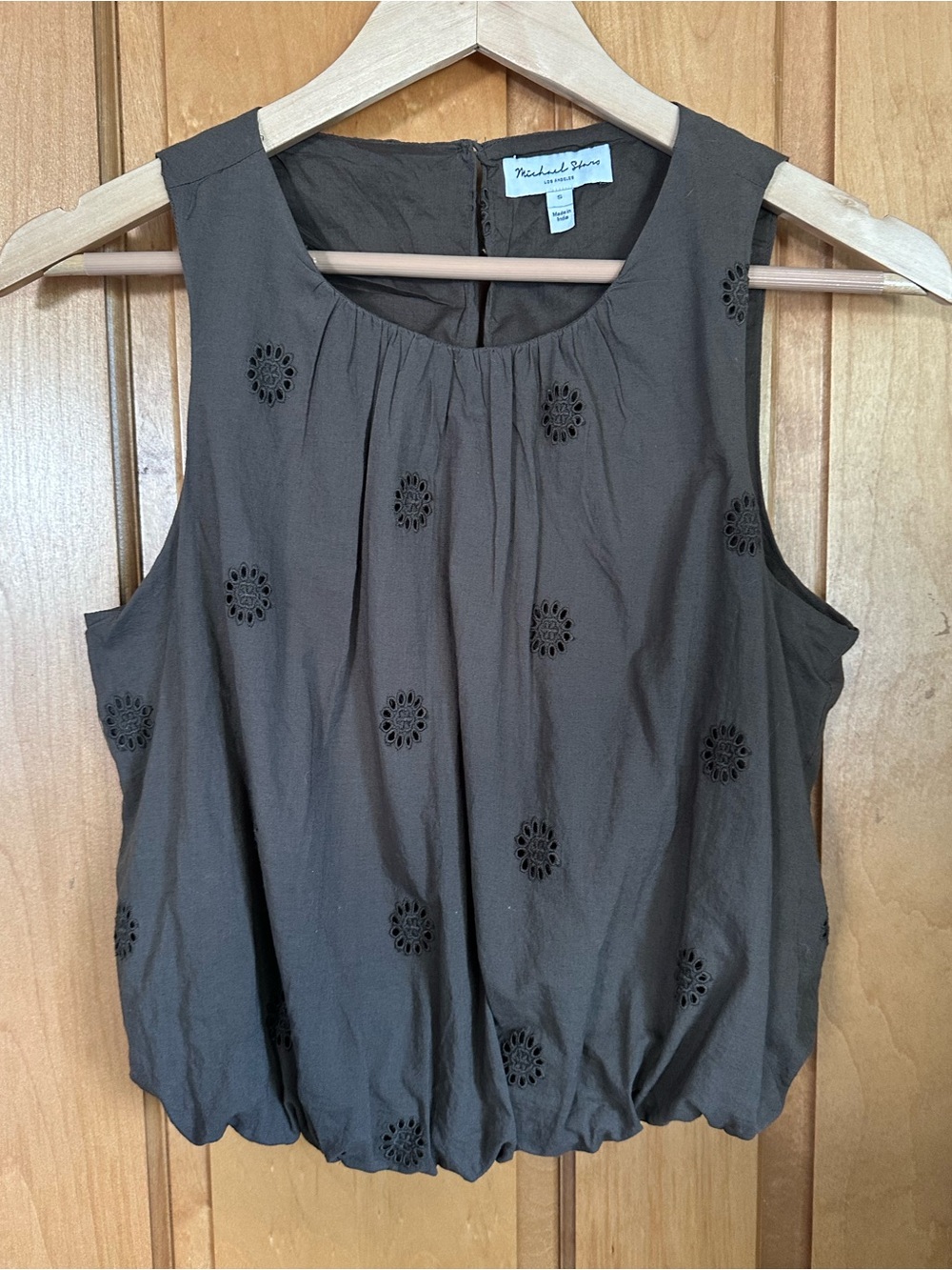 Michael Stars Hazel Eyelet Bubble Top in the Kalamata Brown 100% Cotton Sz S